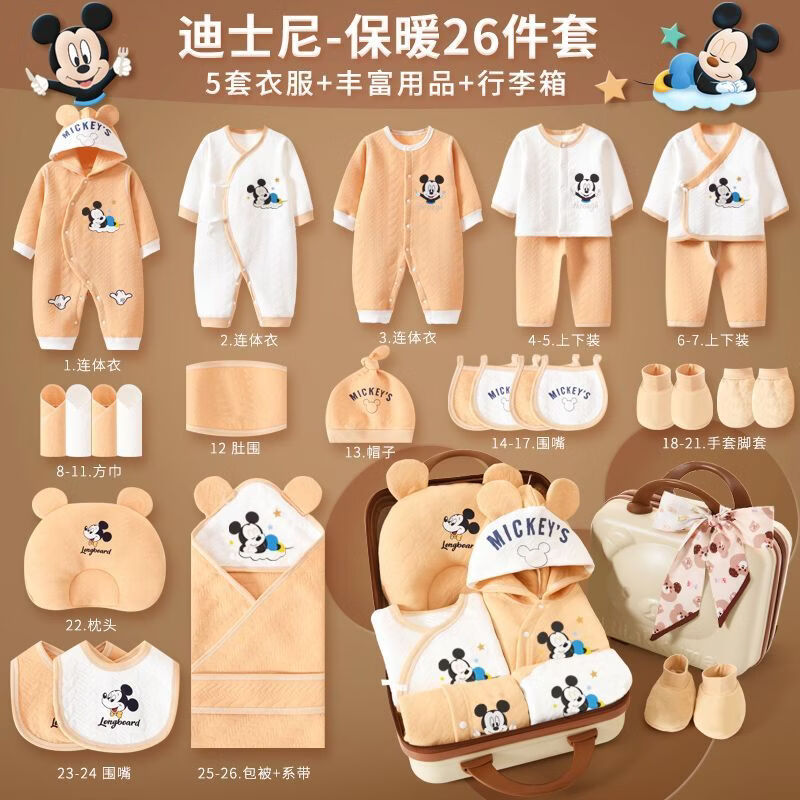 迪士尼(Disney)纯棉婴儿衣服套装刚出生初生宝宝新生儿礼盒满月礼物用品 【精美手提箱】眠梦米奇咖保暖款26件 均码 3到6个月宝宝 京东折扣/优惠券