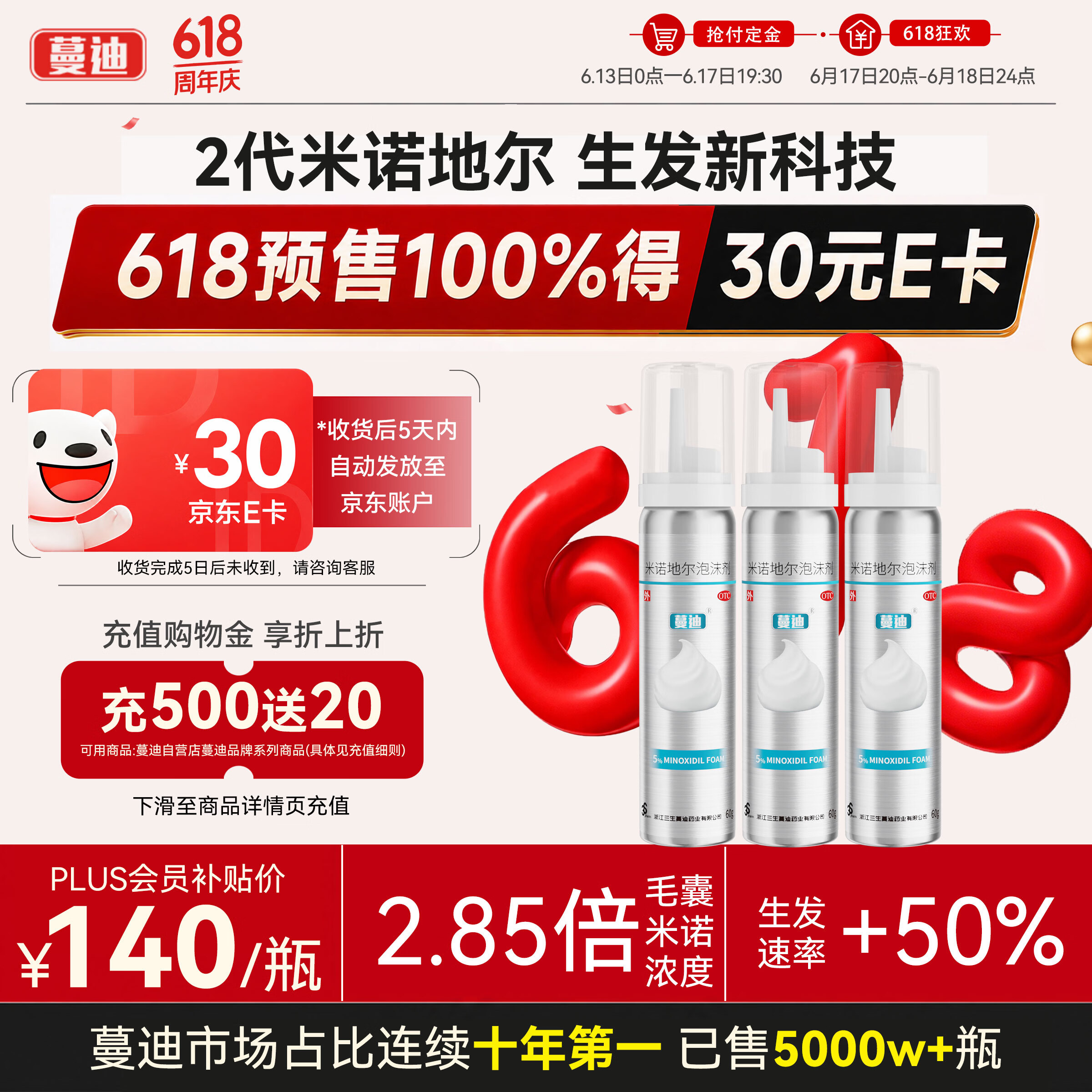蔓迪【第二代米诺地尔】蔓迪米诺地尔泡沫剂5%(60g:3g)*60g/3瓶/盒生发液用于治疗脱发和斑秃;