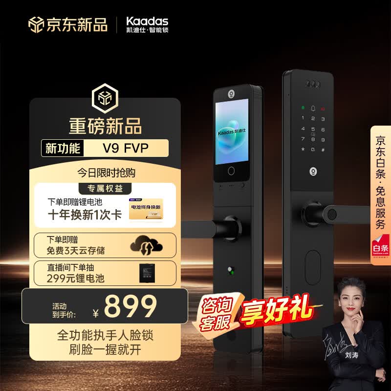 凯迪仕（KAADAS）智能门锁3D人脸识别可视猫眼大屏 入户门电子密码 智能锁 V9 FVP