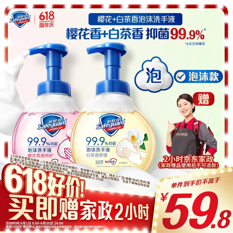 舒肤佳泡沫洗手液300g*2瓶 赠家政服务2h卷 59.8元 - 86线报
