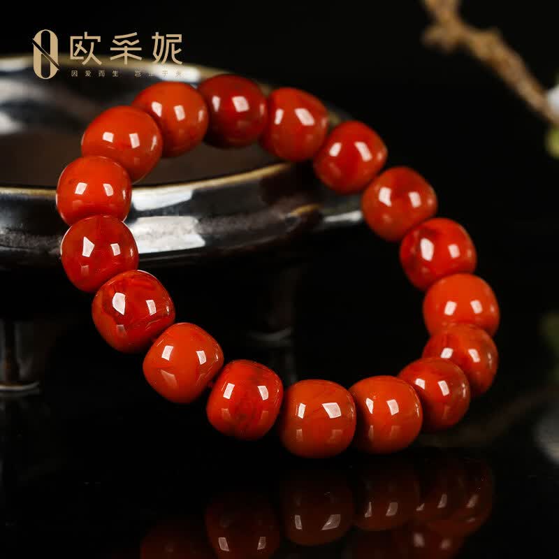 欧采妮(OUCERNY)南红手串收藏级天然凉山妖花牛血红火焰纹玛瑙大桶珠手链本命年 天然南红 一物一证