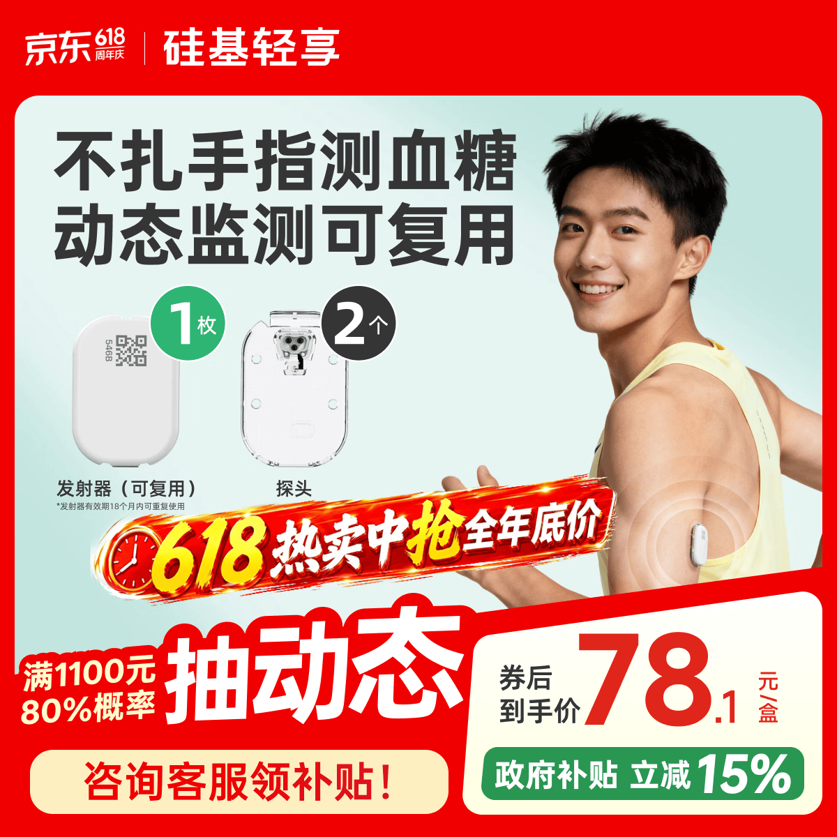 硅基动感轻享分体式动态血糖仪 家用24小时免扎针监测仪  ECO 1+2套装