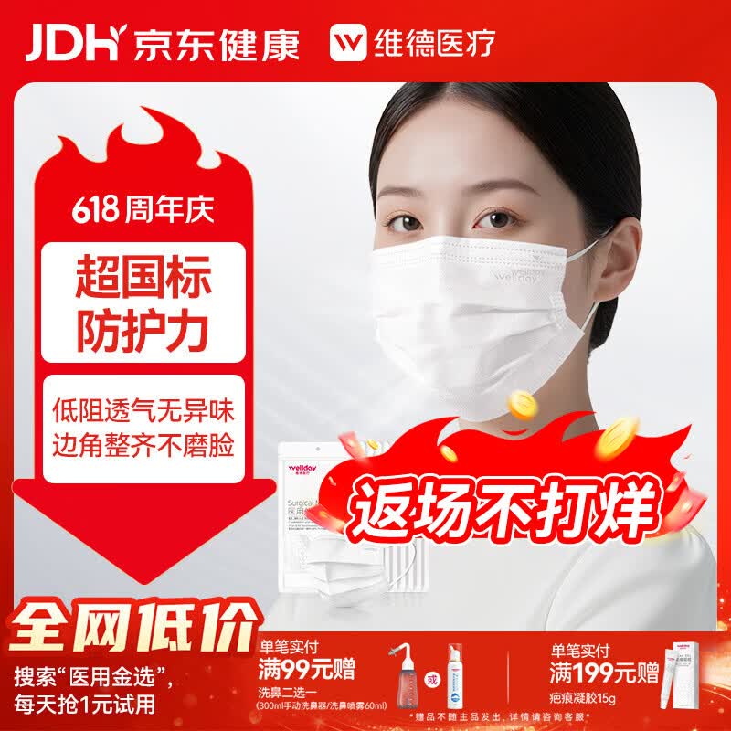 维德（WELLDAY）一次性医用外科口罩100只白色A1型耳挂式防花粉鼻过敏