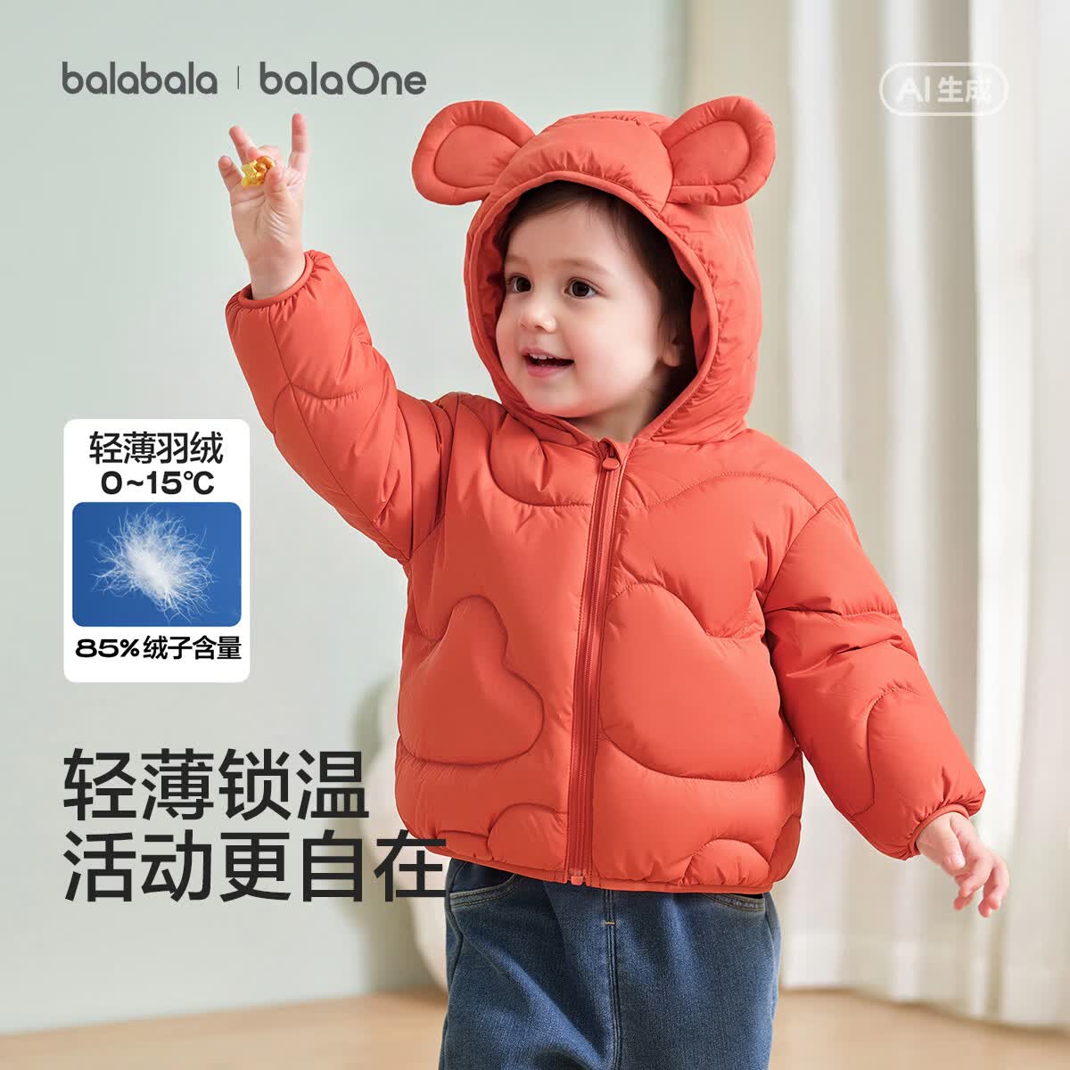 巴拉巴拉童装儿童羽绒服男童2026新款加厚保暖女童外套宝宝婴儿上衣连帽萌 铁锈红61003-白鸭绒 100 充绒量39g