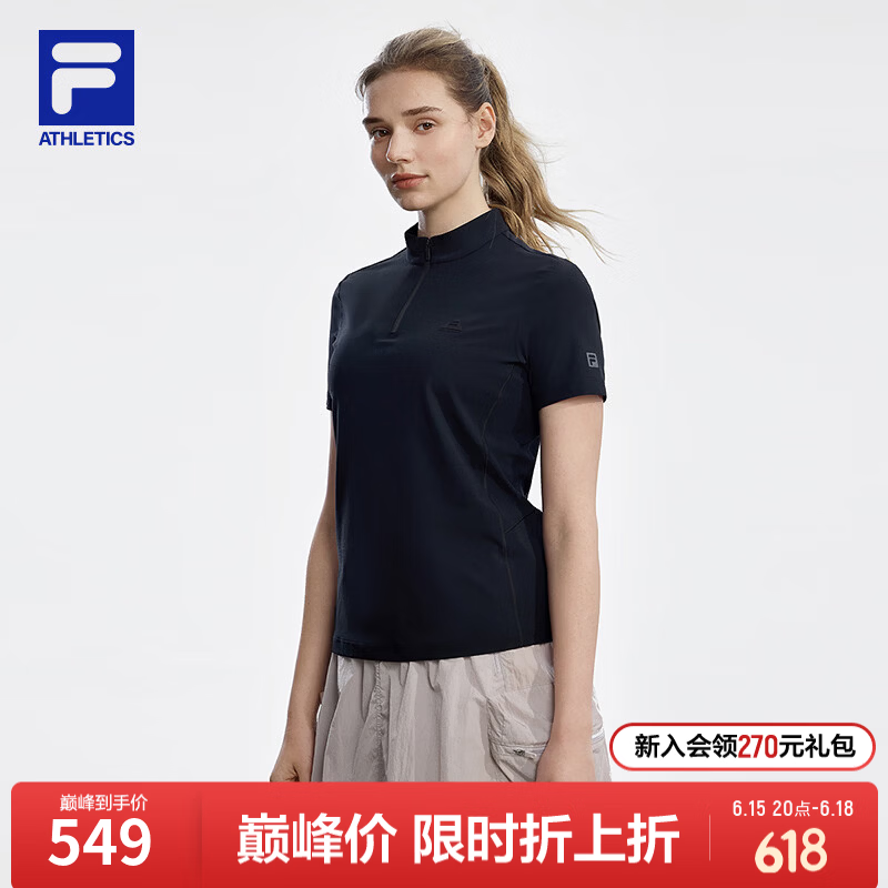 FILA 斐乐官方女子针织短袖衫2026夏季新款户外运动半拉链修身T恤 深黑-BK XL 175/92A/XL