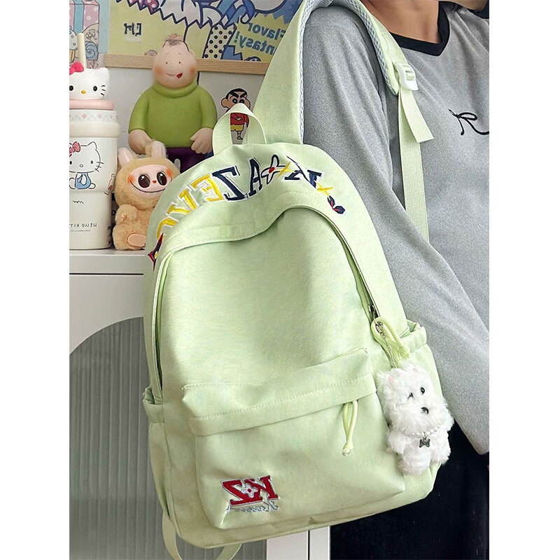 初高中书包大学生美式复古字母刺绣双肩包简约百搭大容量旅行背包 白色【带流泪猫猫头挂件】