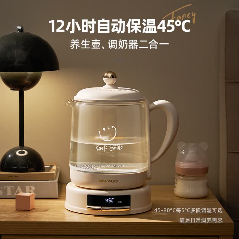 大宇（DAEWOO）小气泡养生壶玻璃煮茶壶全自动烧水壶母婴恒温电热水壶恒温水壶家用保温烧水一体智能办公室花茶壶 陶瓷油不粘底盘 1.5L 带茶漏款