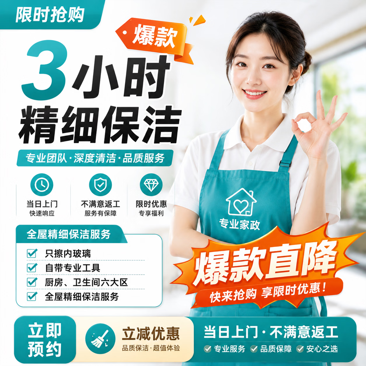 【全屋深度保洁】 精细深度保洁 全屋打扫上门清洁服务擦玻璃 日常保洁清理 同城服务保洁 3小时深度保洁(全屋清洁,除油污水垢)不含擦玻璃