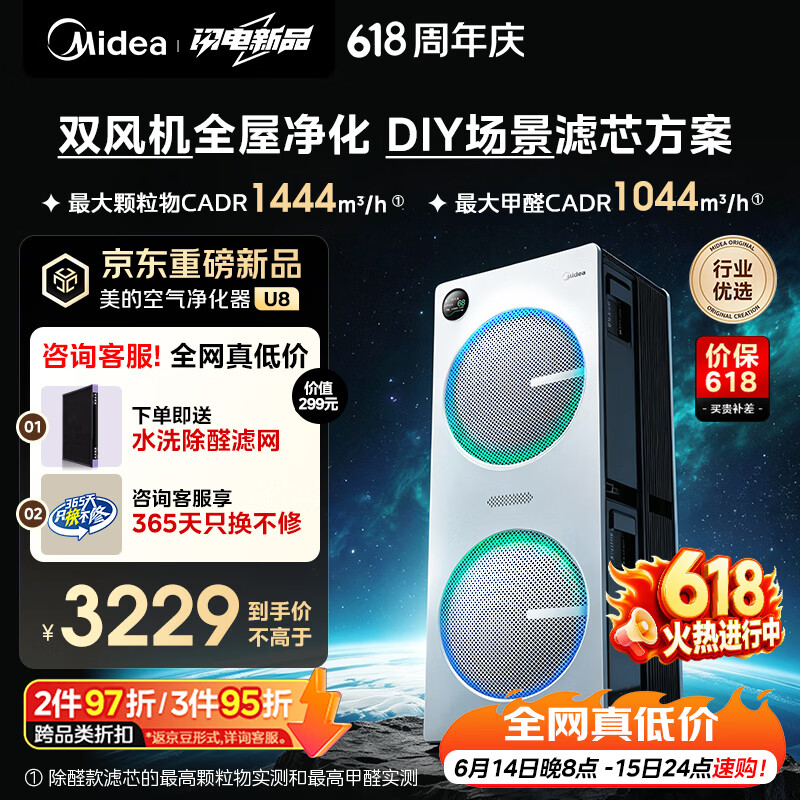 美的（Midea）【U8双风机】空气净化器价保618除甲醛异味除过敏原除菌花粉鼻炎家用大空间净化机 DIY多场景滤网