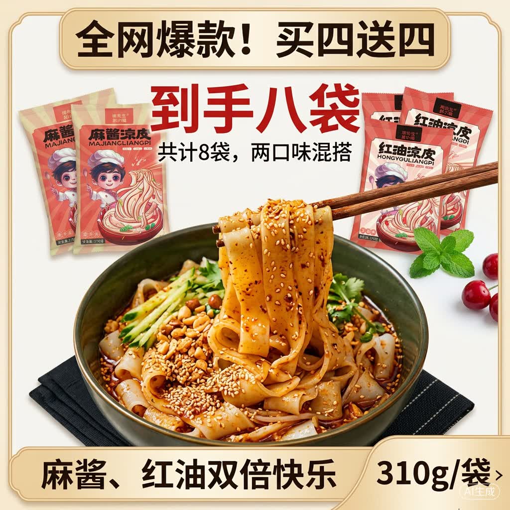 凉先生皮小姐手工鲜凉皮310g/袋 麻酱麻辣口味可选 方便开袋即食短保配料干净 【买2袋送2袋】麻酱310g*2袋+红油310g*2袋