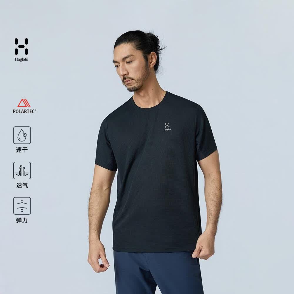 HAGLOFS火柴棍Polartec Splicing短袖T恤男女户外吸湿速干透气登山徒步运动衣 男款-纯黑 XXL