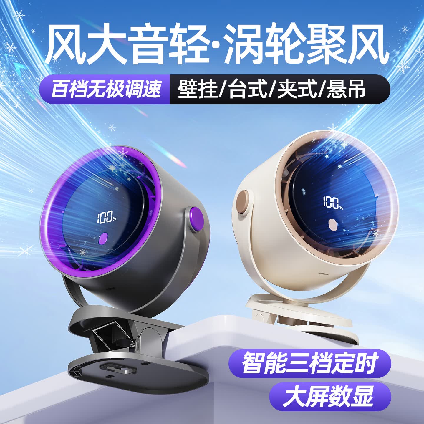 倍呵usb充电台式桌面小风扇迷你家用便捷式小型空气循环扇学生宿舍办公室超静音 紫色充电款/100档调节【3档智能定时】 车载桌面挂壁可挂可立超长续航床头空调电风扇
