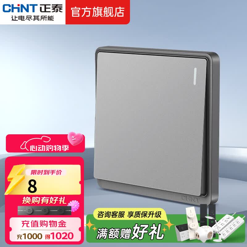 正泰（CHNT）开关插座面板带USB-type-C网线墙面5孔空调墙壁全屋套餐6M幻银灰 一开双控10A