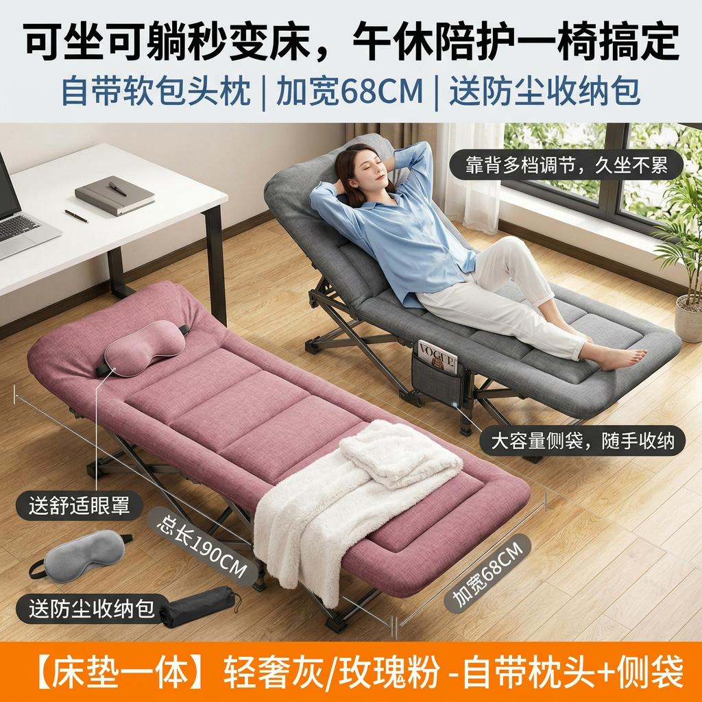 折叠床躺椅午睡椅午休床午睡床多功能陪护家用便携可躺靠背椅 【奢华黑绵柔床垫】升级加粗加厚钢管 加粗扁管68cm*190cm*40cm