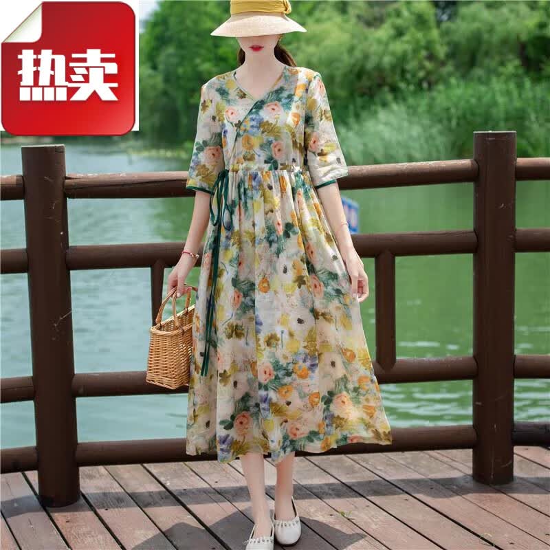 夏典素订女王(SE.PSTP)棉麻连衣裙夏季新款碎花复古大尺码女装宽松收腰显瘦大摆洋气长裙 花色 M 【建议95-118斤】