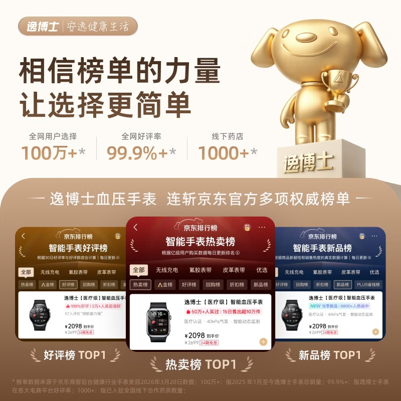逸博士[气泵式精准]智能商务血压手表气泵睡眠尿酸运动心率心电血糖血氧心源精准动态监测体检健康2026款 流光金 商务版