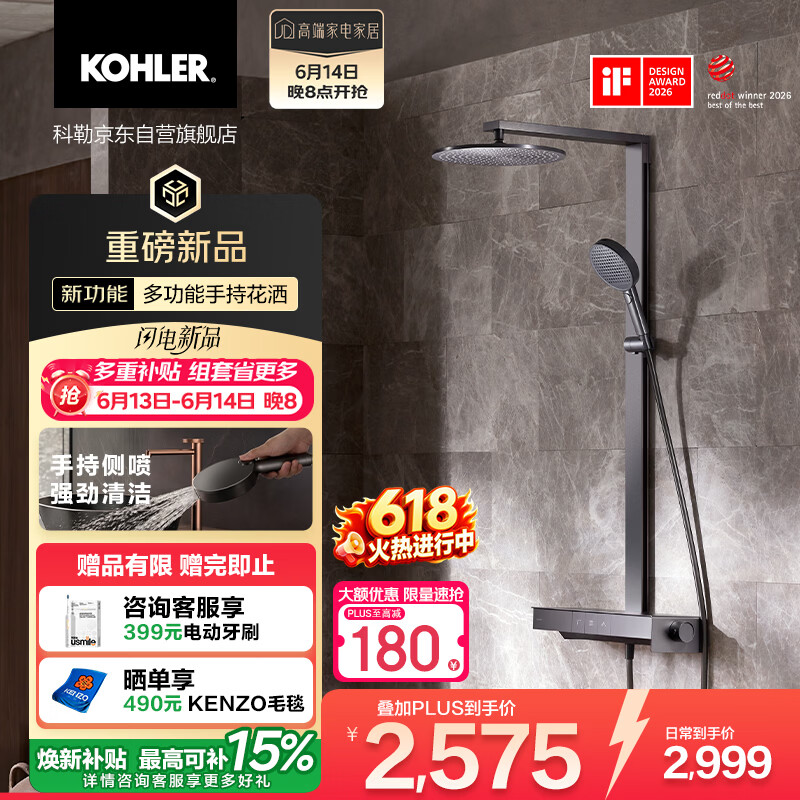 科勒（KOHLER）智能花洒淋浴套装雨神2.0恒温花洒SH30E淋浴喷头 家庭版 墨影灰