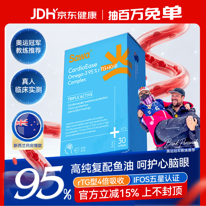 SAWA95%高纯度深海鱼油软胶囊omega-3无腥味DHA+EPA辅降血脂抗炎祛痘 【心脑眼养护】 30粒*1盒