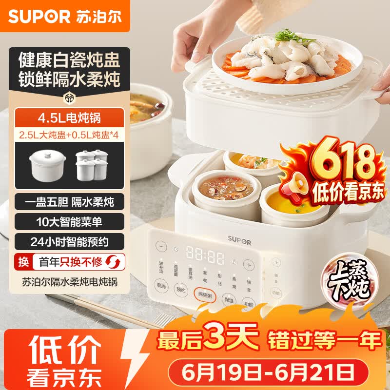 苏泊尔（SUPOR）电炖盅电炖锅隔水炖家用全自动煲汤炖汤锅陶瓷燕窝炖盅4.5L蒸炖一体多功能锅DZ25FC873