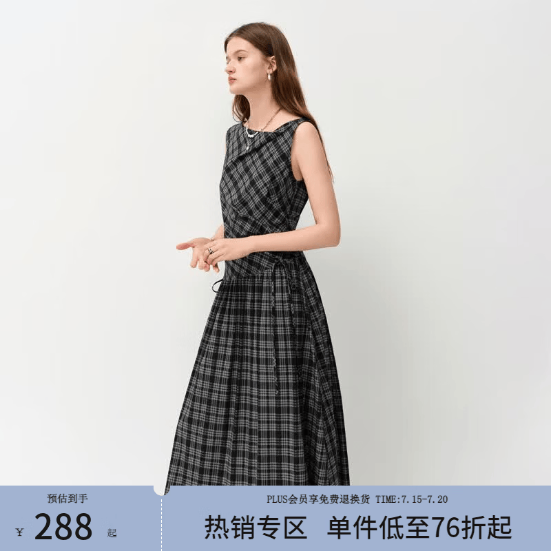 范思蓝恩【明星同款】一字领不对称无袖连衣裙2026夏新款设计感格纹长裙 黑色格子 S