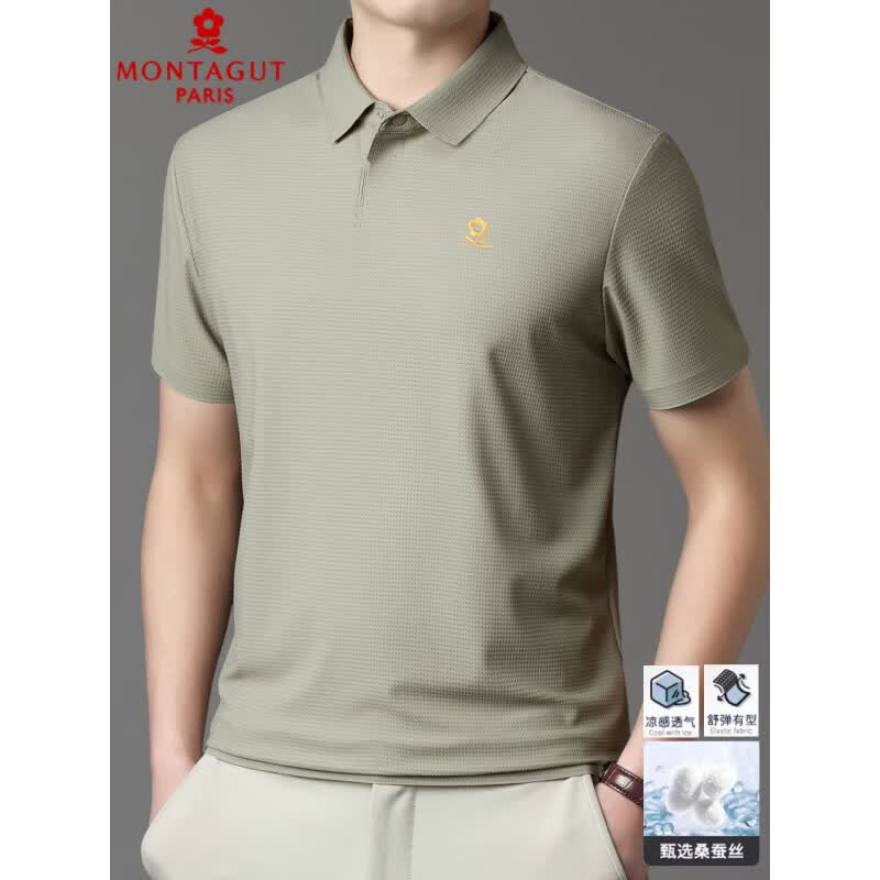 梦特娇（MONTAGUT）短袖t恤男夏季桑蚕丝Polo领刺绣中年商务薄款 黑色 4XL 58【93公斤-100公斤】