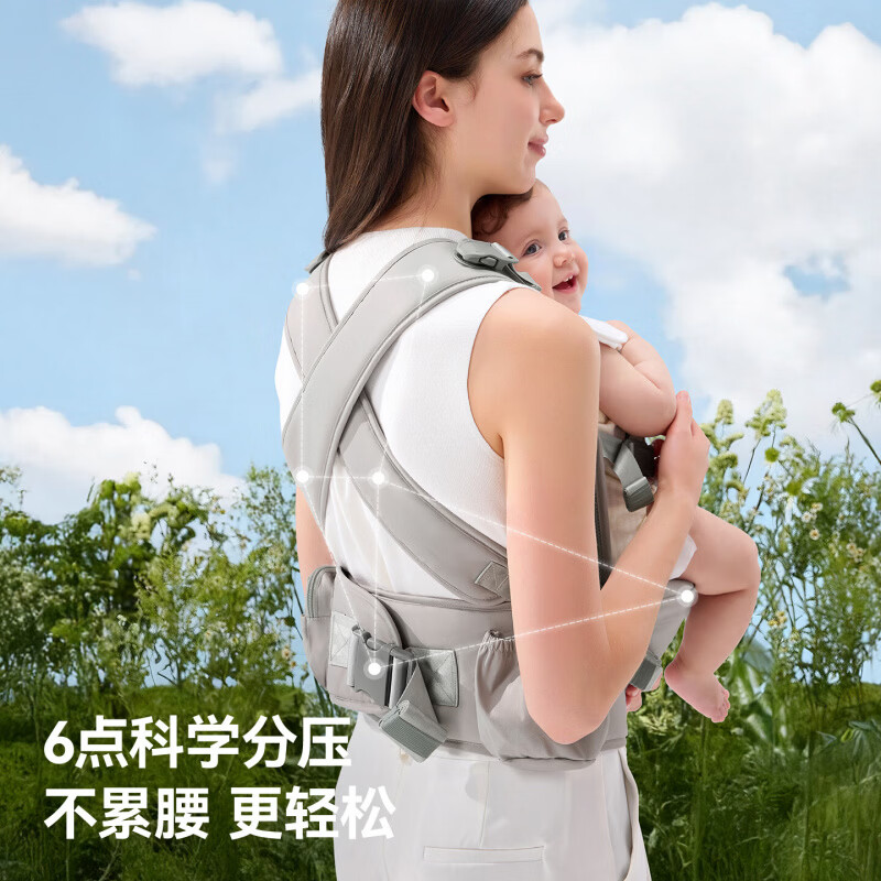 贝肽斯婴儿腰凳背带二合一轻便透气前抱式小月龄四季多功能外出抱娃神器 轻奢灰-轻享款【X型背带+蛋壳环抱舱】