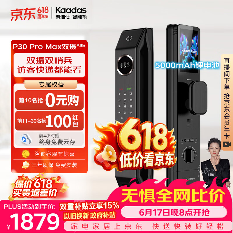 凯迪仕（KAADAS）【价保618】智能门锁密码锁人脸猫眼指纹智能锁P30ProMax双摄AI版