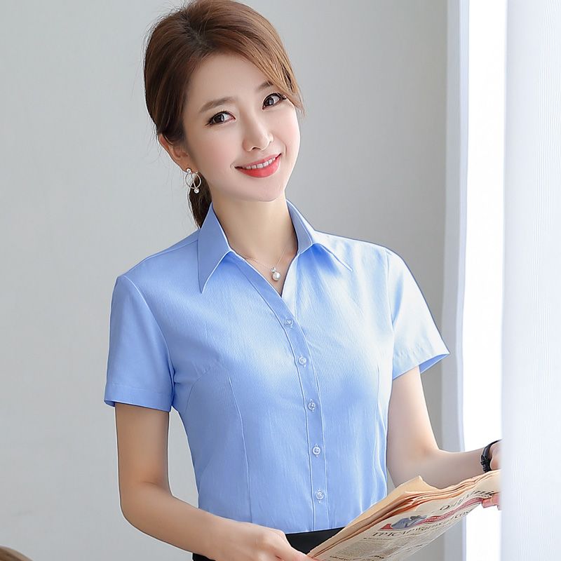 棉迪竹纤维短袖衬衫女夏季新款职业装长袖外衫衬衣商务正装秋装工作服 蓝色-【明扣】竹纤维极简衬衫-短袖 4XL 推荐【140斤-150斤】