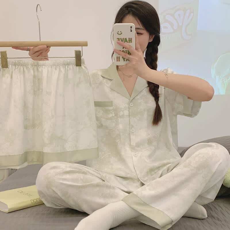 猫人冰丝睡衣女士三件套夏季凉感短袖短裤长裤家居服套装仿真丝中国风