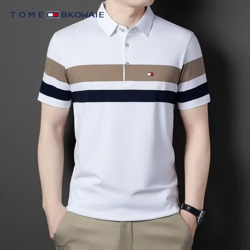 TOME BKOWAIE美国Tomy汤米夏季纯棉短袖T恤中年休闲男士高端POLO衫上衣 卡其色 4XL 190