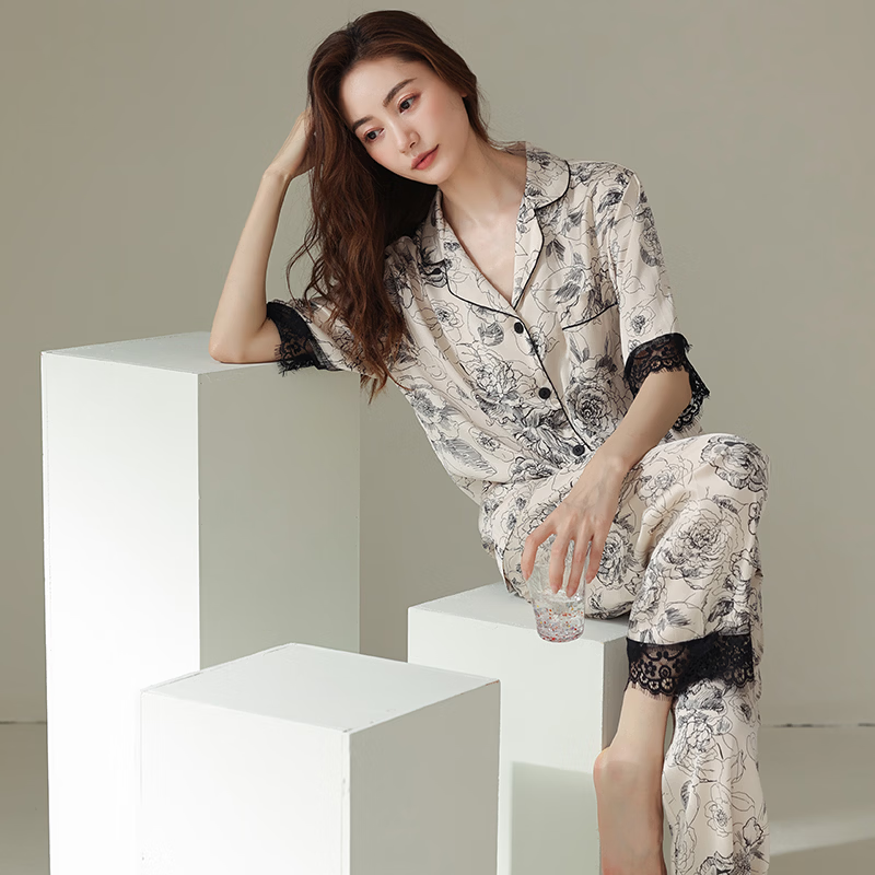 睡衣女冰丝夏季凉感蕾丝柔软高级感家居服2026优雅送妈妈套装礼物 水墨蔷薇 2XL (170-175)CM