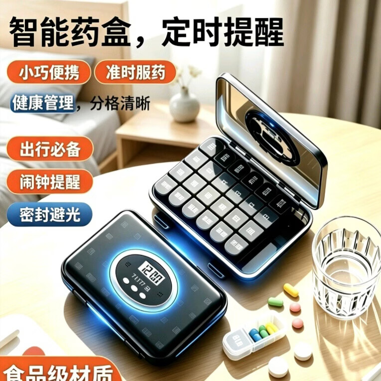 OUTASK孝心礼物老年人智能提醒药盒便携密封防潮闹钟提醒随身药品分装盒 智能提醒药盒 23*13*3.2cm 28格智能提醒药盒 透明棕 1个 外圈和内部小盒都有密封垫