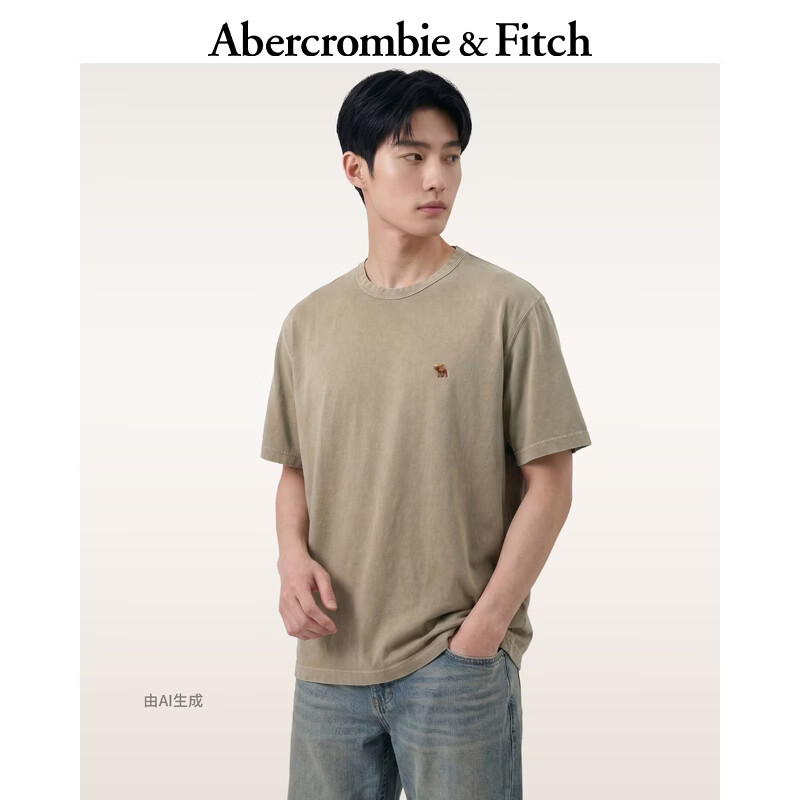 Abercrombie &amp; Fitch经典小麋鹿图案美式情侣纯棉水洗T恤26夏男装女装124-6075 卡其色 S (175/92A)
