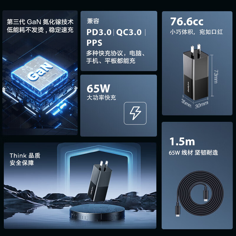 ThinkPad联想超级快充电源适配器65W氮化镓便携c口红电源兼容PD3.0多种协议苹果华为手机拯救者小新笔记本 65W氮化镓快充套装 适配多种快充协议|新氮化镓技术|笔记本手机平板适用