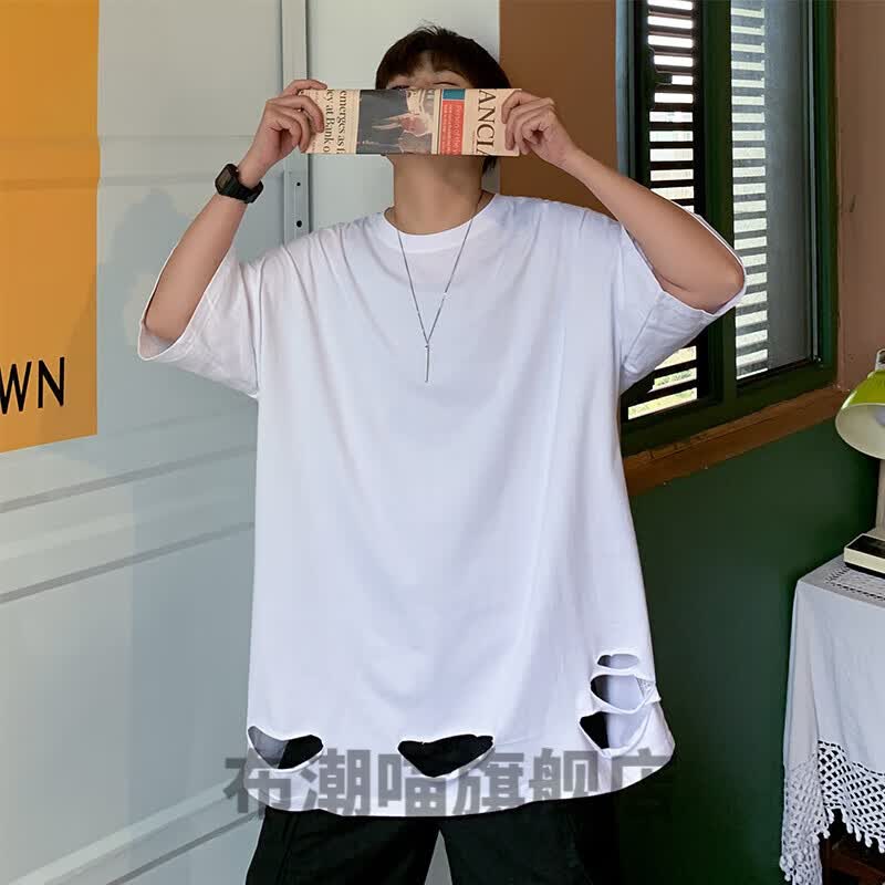 花淯下摆破烂的衣服夏季破洞短袖t恤男乞丐港风潮流宽松五分袖内搭潮