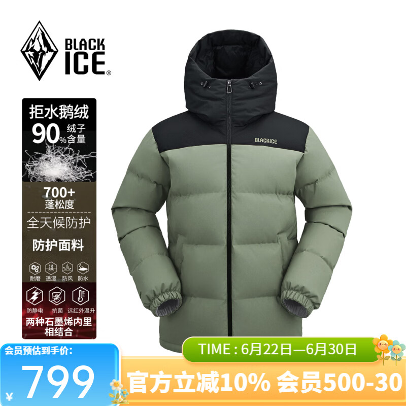 黑冰秋冬男羽绒服防风保暖耐磨700蓬鹅绒拼色连帽外套 F8567MJ 黑绿 M