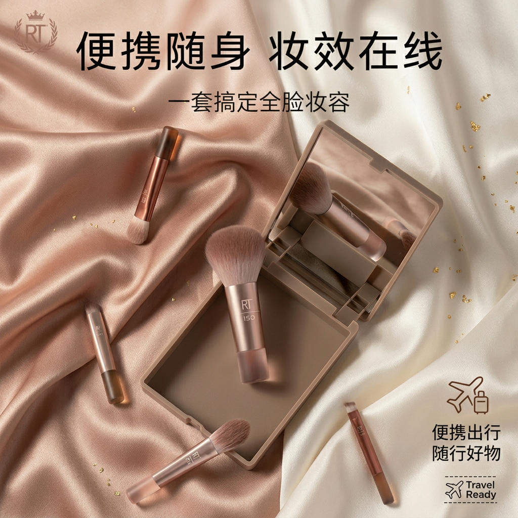 real TechniquesRT奶咖便携收纳化妆刷套装正品便携迷你眼面小套刷带镜子上妆刷 奶咖系 光彩化妆刷收纳装 1件 赠清洗液30ml*1