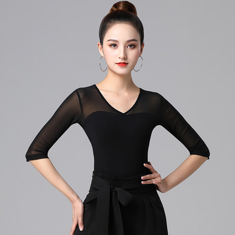 舞上衣女国标舞摩登舞网纱连体衣黑色舞衣形体服舞蹈服练功服 黑色 s