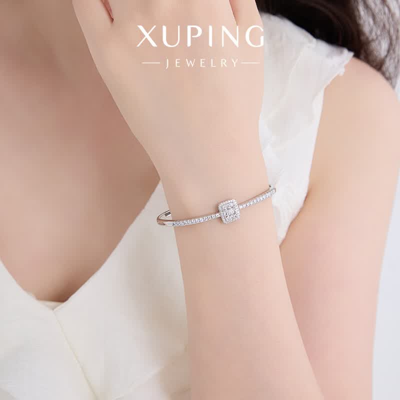 XUPING旭平首饰轻奢几何方形排钻手镯女精致百搭通勤闺蜜生日礼物首饰 手镯按压开口 约54mm