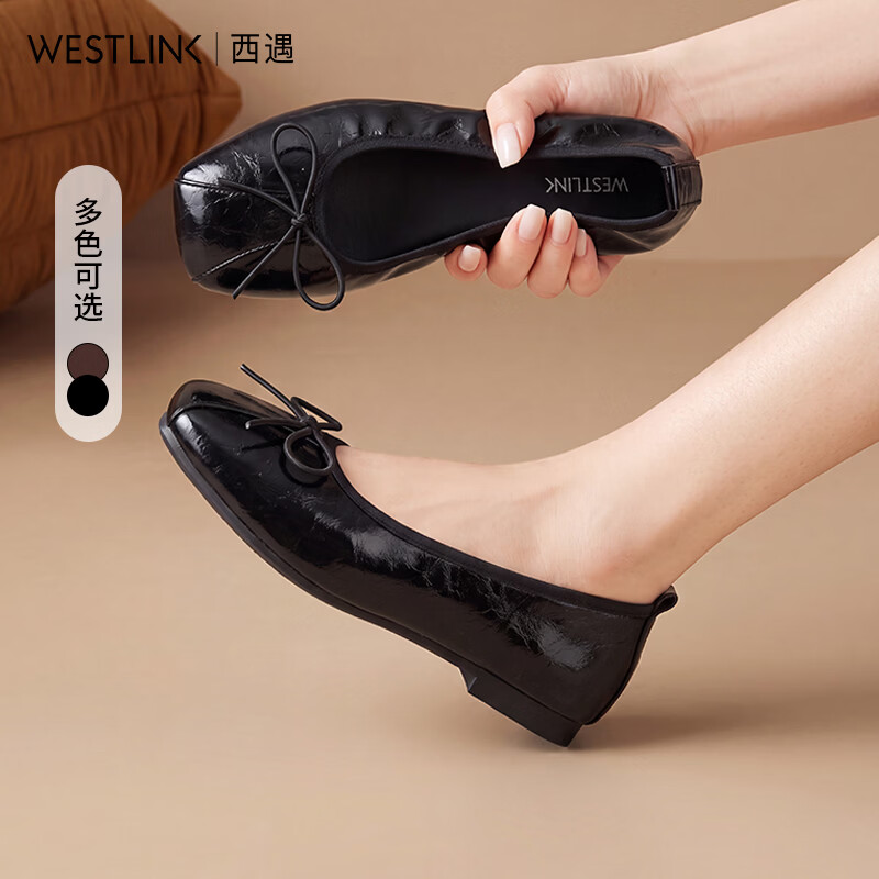 西遇（Westlink）蝴蝶结单鞋女2026秋季新款方头软皮不累脚玛丽珍平底单鞋 黑色 38 (240)