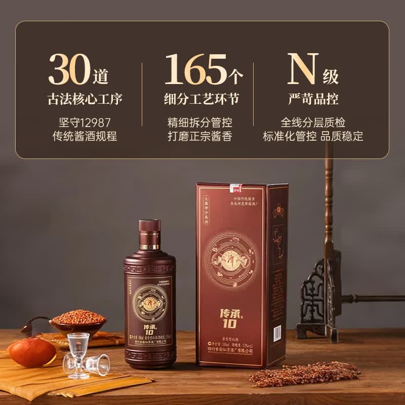潭酒传承10 53度 大曲坤沙酱香型白酒纯粮食酒端午节送礼整箱 53度 500mL 6盒 原箱装