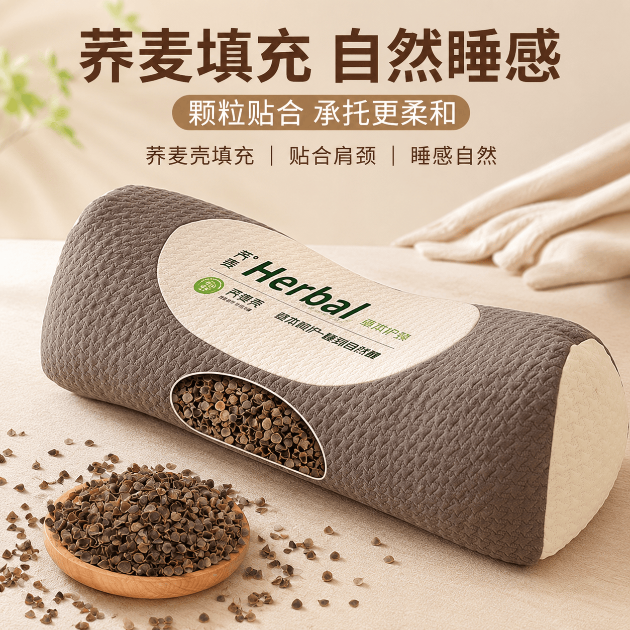 勋阳宇乐【A类】颈椎枕护颈枕100%荞麦枕头男士专用反弓牵引圆枕午睡枕 【米色】草本荞麦立体护颈枕 单只
