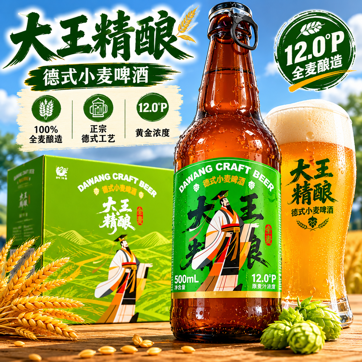 大王精酿啤酒德式小麦500ml*12瓶一整箱 大王精酿啤酒 500mL 12瓶 整箱装
