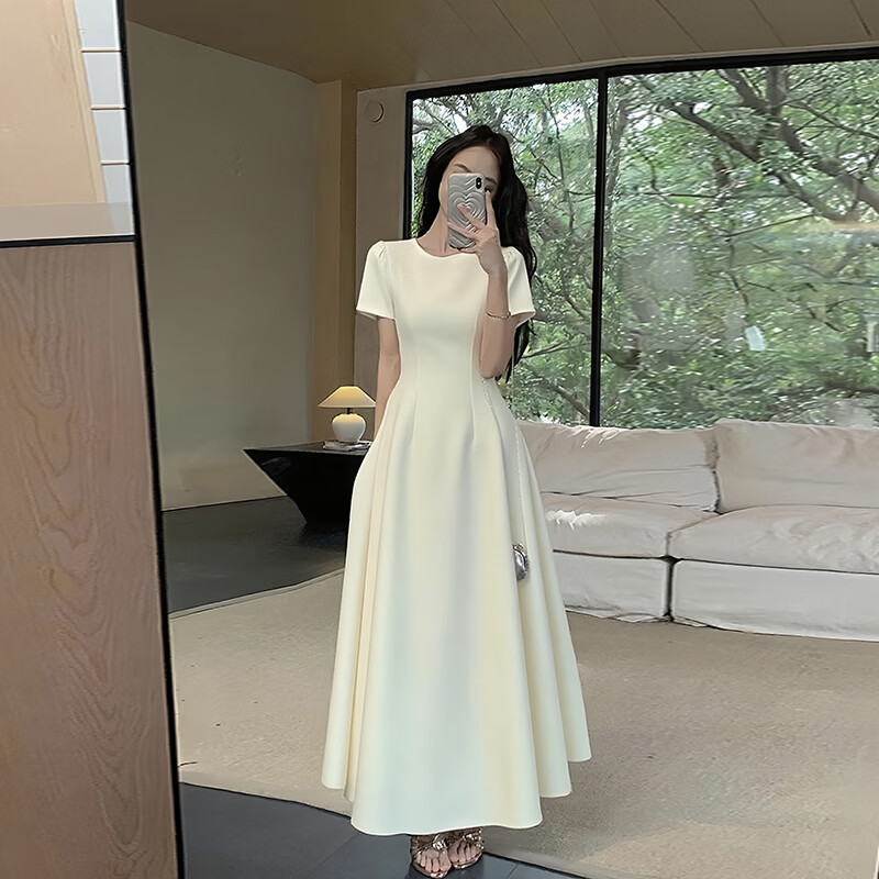 GARNUO粉色短袖连衣裙子女2026夏季新款法式高级感气质礼服收腰显瘦长裙 白色【短袖长款】 S 【80-100斤】