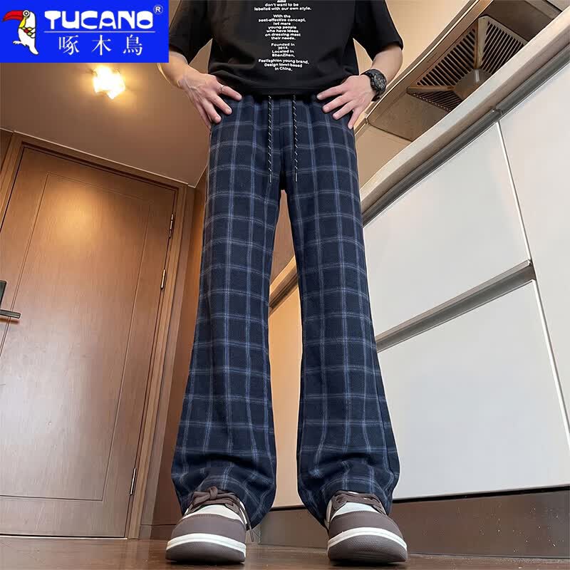 啄木鸟休闲裤男2026夏季新款美式高街格子微喇裤子男宽松百搭直筒长裤男 深蓝色 XL 建议130-150斤