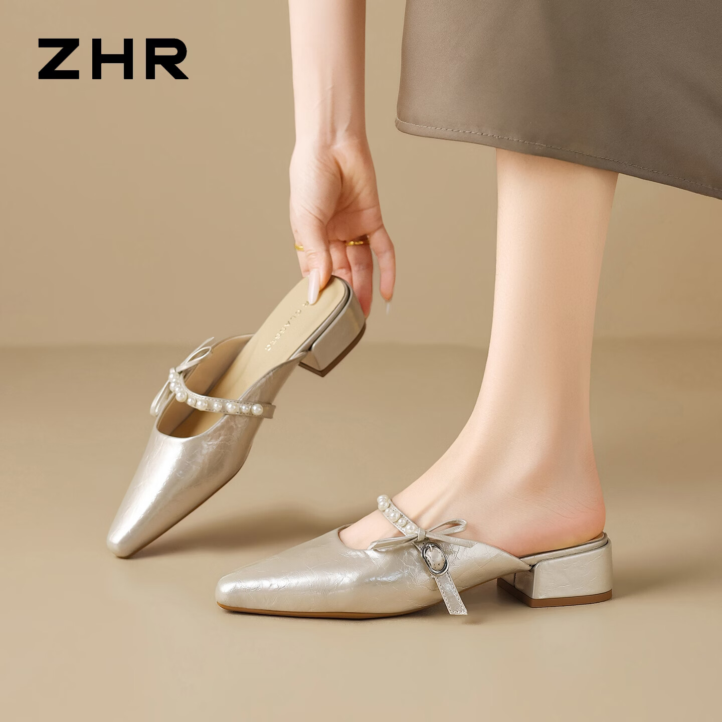 ZHR则则法式包头半拖鞋女2026夏季外穿女鞋一脚蹬粗跟单鞋 KH61T香槟36