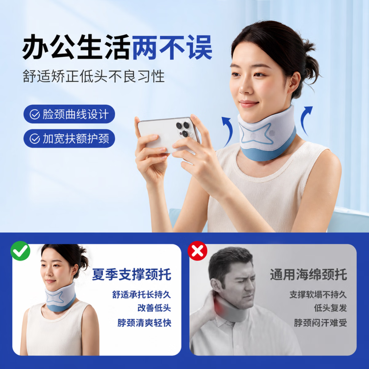 LISM日本品质颈托护脖套颈椎矫正护颈防低头前倾支撑固定轻薄透气办公 深蓝色丨经典-双核固定支撑 预防低头 改善颈椎酸痛 均码