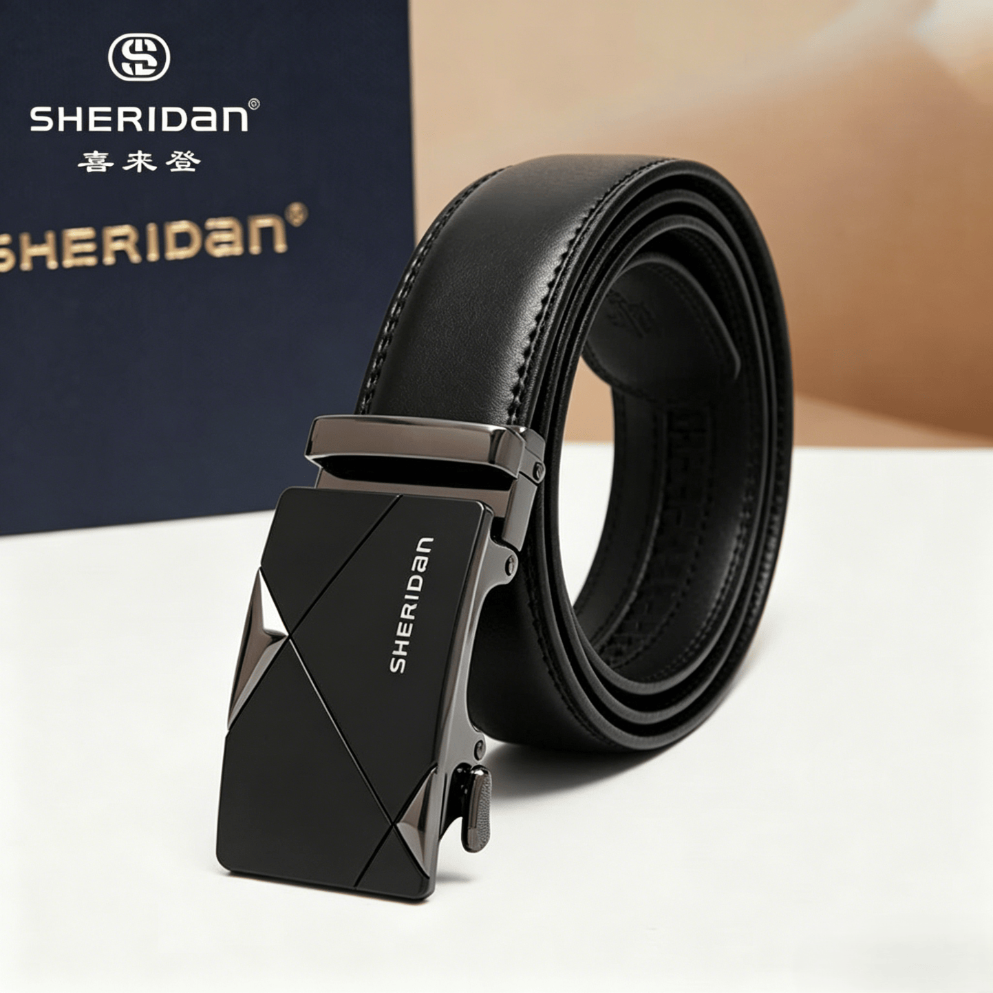 喜来登(SHERIDAN) 男士牛皮腰带 商务休闲自动扣 礼盒装生日礼物NL190453S 黑色 京东折扣/优惠券