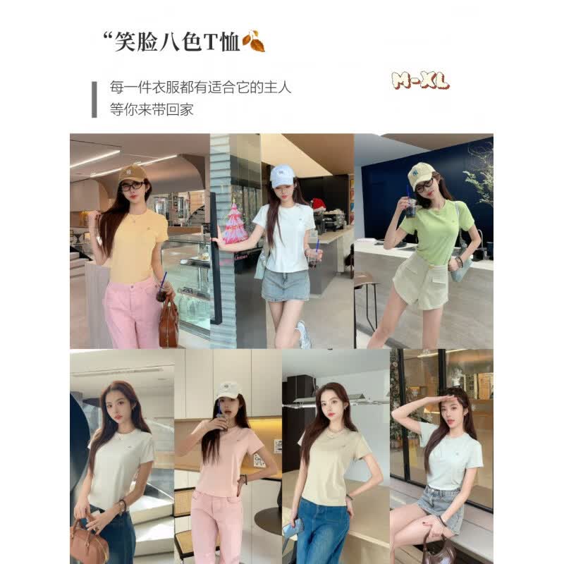 有只绵笑脸圆领可爱风夏季短袖t恤女正肩上衣半袖弹力修身T恤衫 黑色 M 【80-95斤】