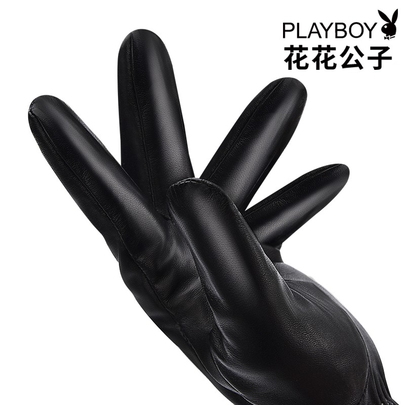 花花公子(PLAYBOY)真皮手套男秋冬季头层羊皮手套加绒厚保暖可触屏骑行防风手套棉 简约款